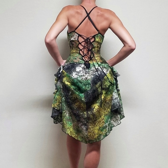 80s Rare Vintage Surprise Parties Green Tie-Dye Sheer Lace Lace-up Bustle Dress - Picture 4 of 16